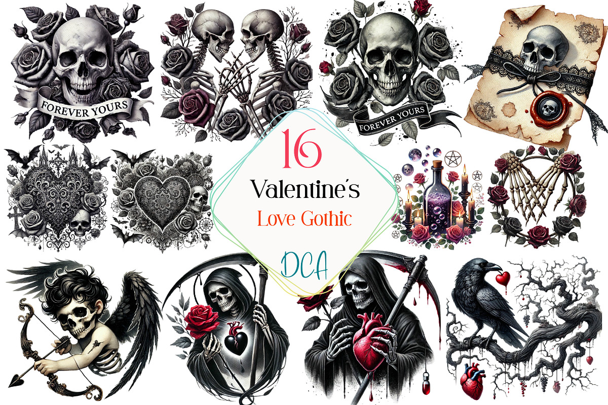 Love Gothic Valentine's Day Clipart, an Illustration by DreamCafeArt (Photo 1 of 4)