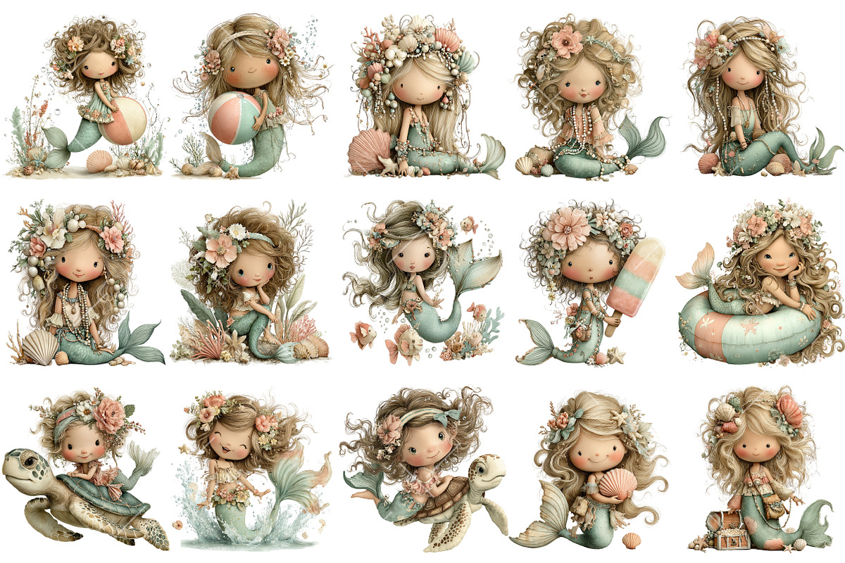 Whimsical Summer Mermaid Clipart, an Illustration by OK Design (Photo 3 of 6)
