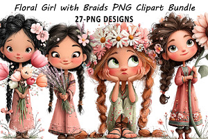 Floral Girl with Braids PNG Clipart, an Illustration by Daily.Designs