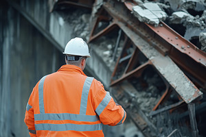 Male worker standing near destroyed bridge after a rocket strike, an Industrial Photo by AlyaAnd