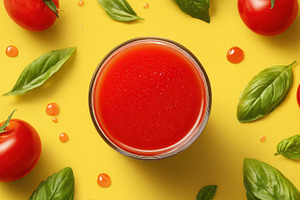 Fresh tomato juice with basil leaves, a Photo by Beautiful things