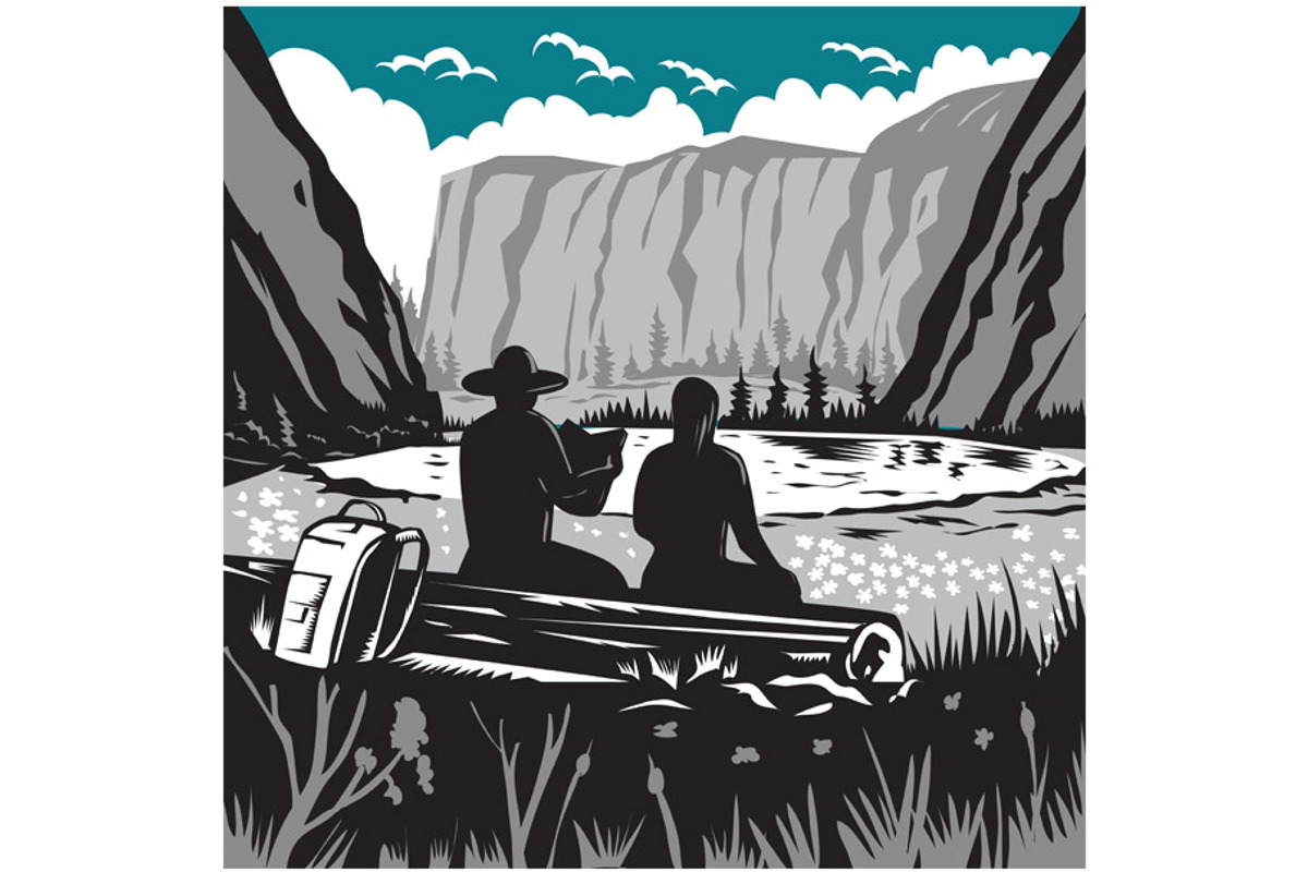 Hikers near Mirror Lake in Yosemite, an Illustration by patrimonio