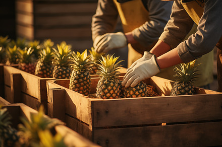 Workers carefully placing pineapples into wooden crates during harvest. The sce, a Food & Drink Photo by Textures & Backgrounds