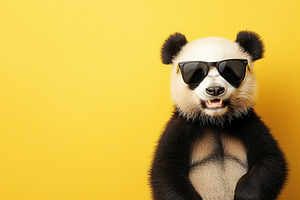 Panda in sunglasses poses against bright yellow background, an Animal Photo by AlyaAnd