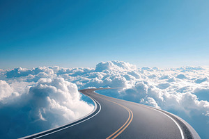Winding road through clouds in a bright sky, a Wallpaper Photo by AlyaAnd