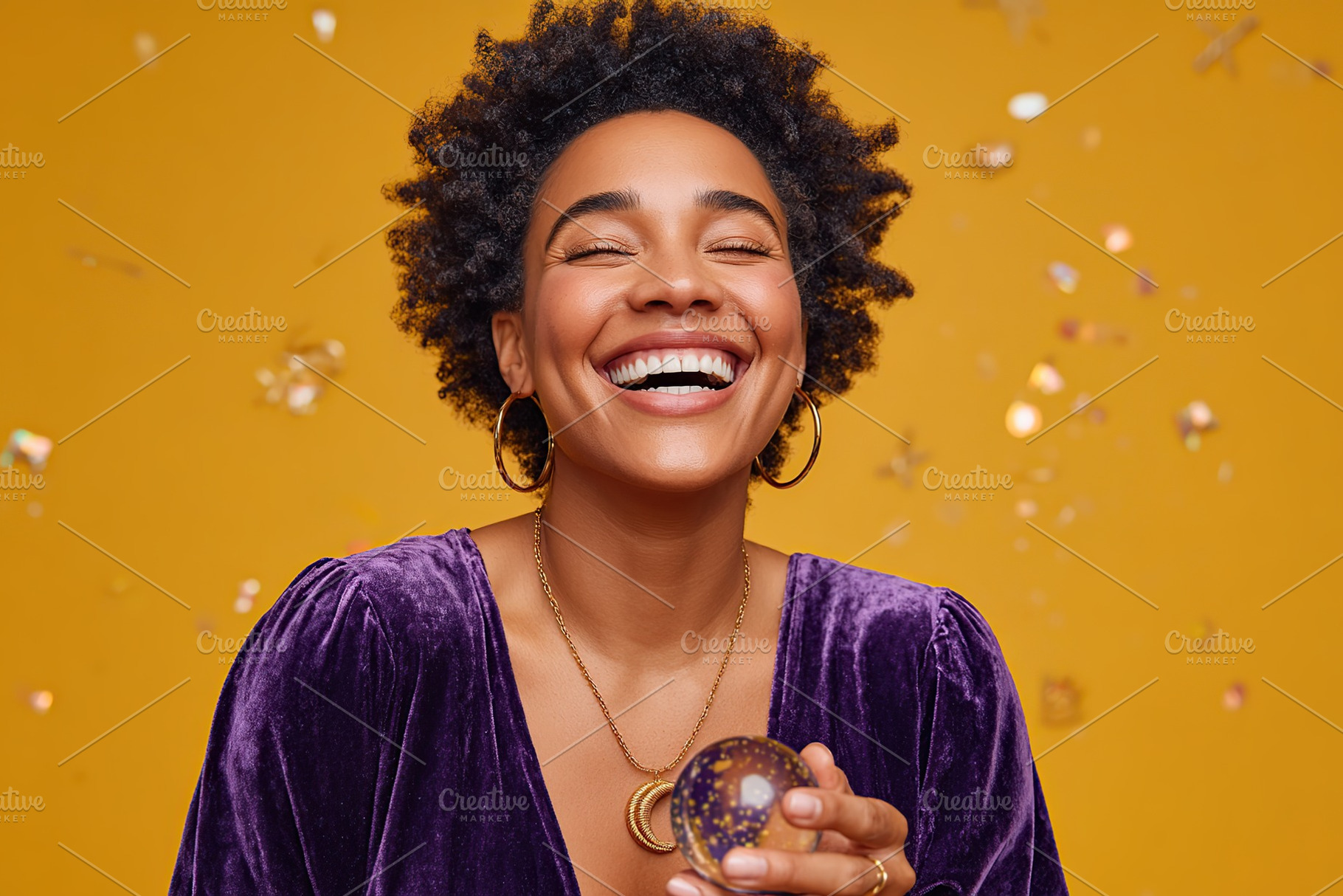 Joyful woman with curly hair smiles brightly while holding a decorative orb on, a Photo by AlyaAnd