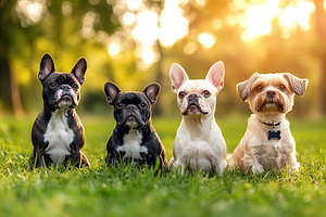 Dog friends of various breeds sitting on a green grass, are read, a Photo by AlyaAnd