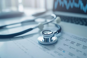 Stethoscope and laptop on a report, a Health & Medical Photo by MistyDay