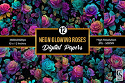 Neon Glowing Rose Flower Pattern, a Pattern Graphic by Creative Store (Thumbnail 1 of 5)