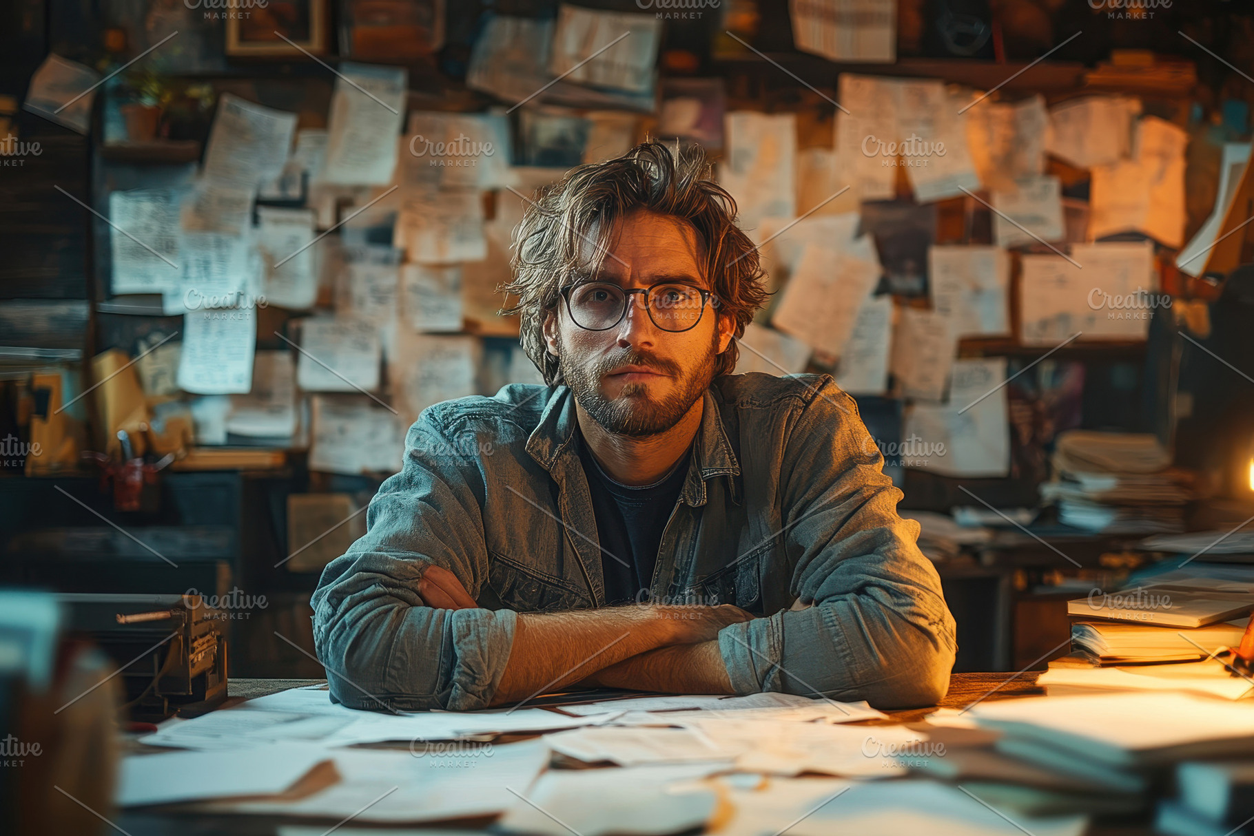 Young man in a cluttered workspace l, a Photo by Tanuart
