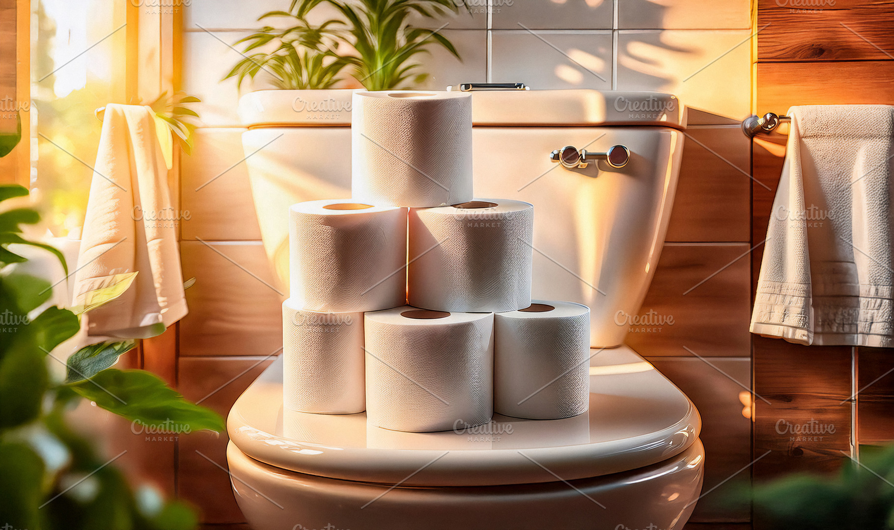 Stack of white toilet paper rolls, brush and plant isolated, a Health & Medical Photo by Davizro's Market