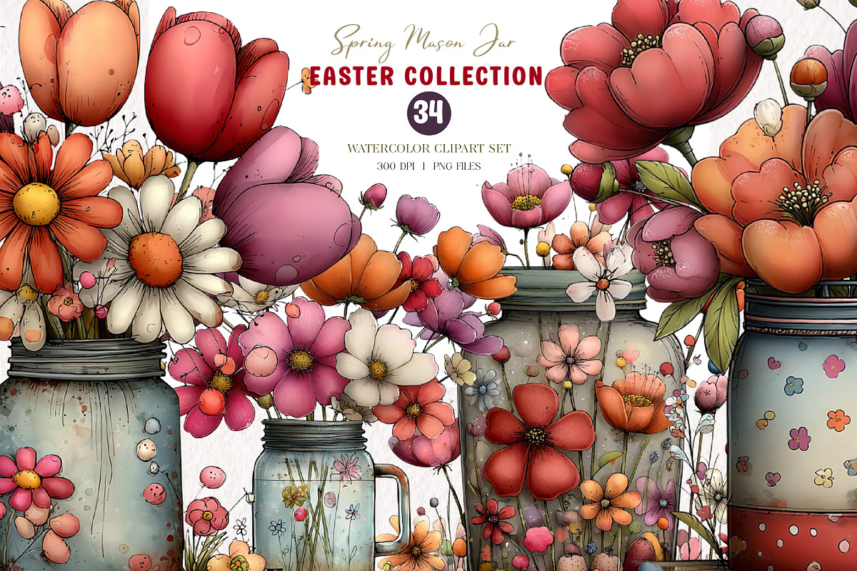 Whimsical Spring Mason Jar Clipart, an Illustration by CreationArt (Photo 1 of 6)