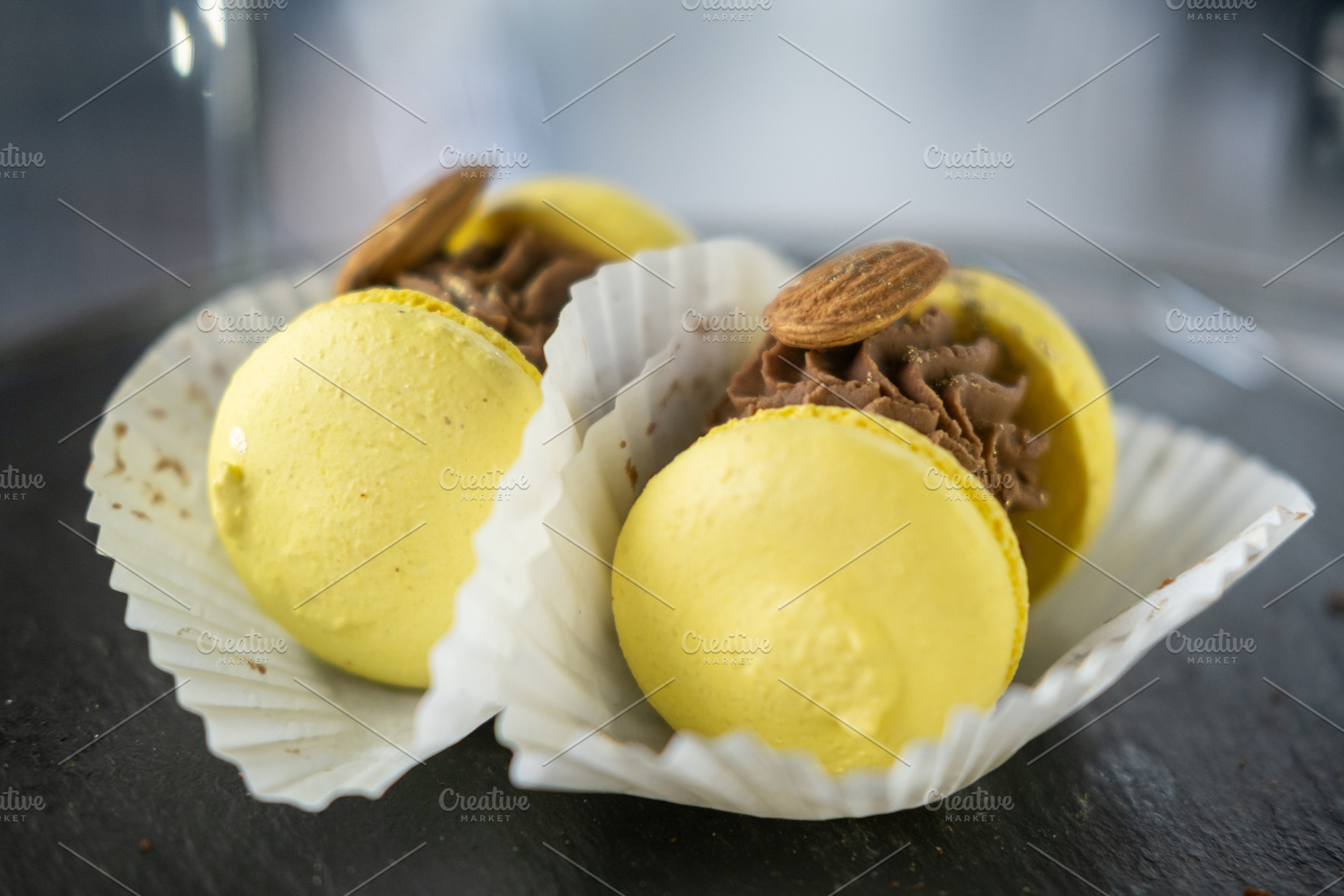 Macaron shells chocolate ganache dessert cookie, a Food & Drink Photo by Photo Drive Studio