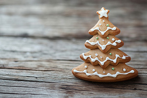 Christmas gingerbread fir tree cookie on wooden table, a Food & Drink Photo by AlyaAnd