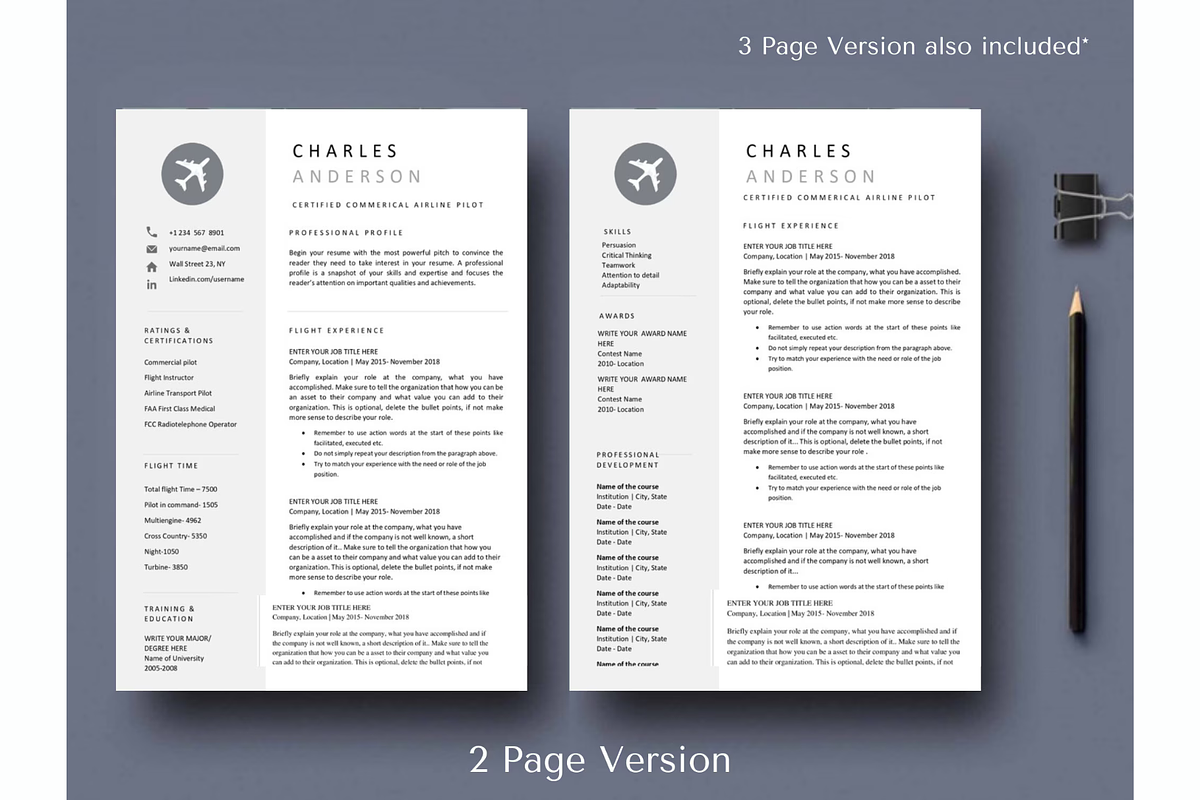 Pilot resume & cover letter template, a Resume Template by Climbwithelevator (Photo 2 of 6)