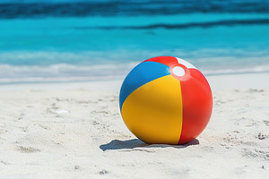 Bright beach ball resting on a white sandy beach beside clear blue water, an Arts & Entertainment Photo by AlyaAnd