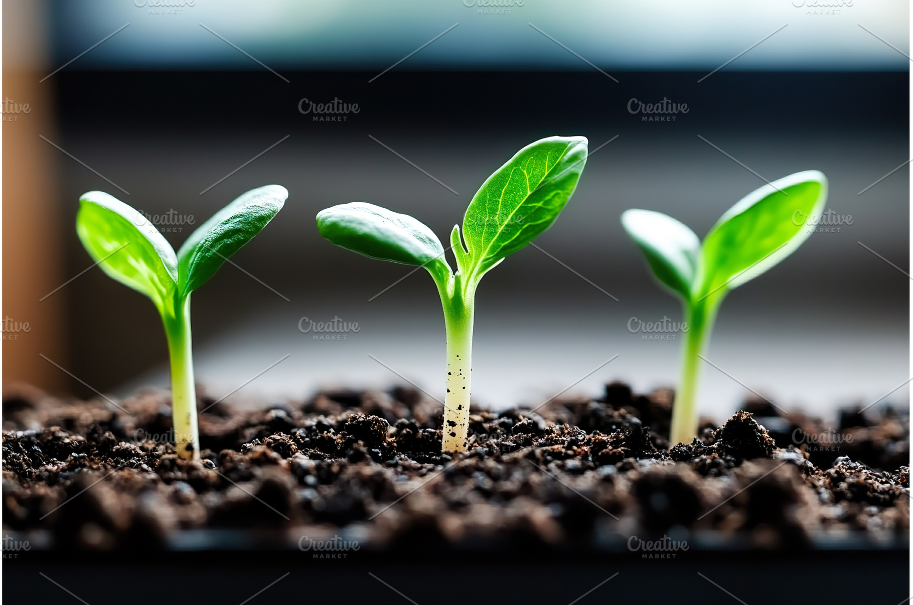 Three green sprouts emerging from, a Nature Photo by Lermont51