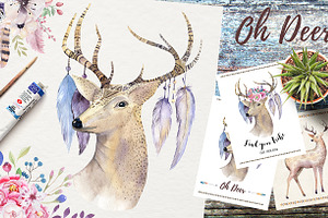 Watercolor Deer And Horns. Bohemian