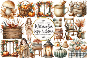 Watercolor Cozy Autumn Clipart, an Illustration by OK Design