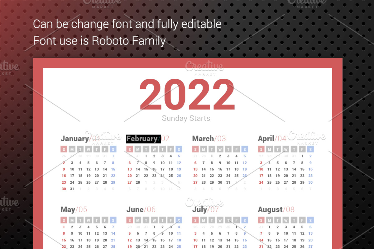 2022 Simple Calendar Sunday Starts., a Stationery Template by WORAKAMON Design Studio (Photo 3 of 3)