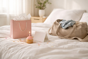 Birthday celebration setup on bed wi, a Photo by Dvoevnore photos