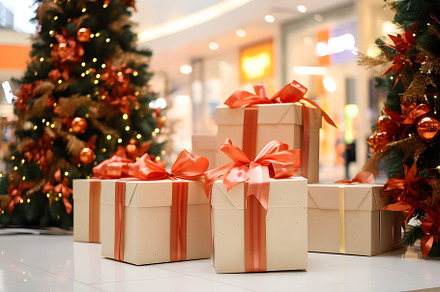 Pile, stack of Christmas gift boxes on floor of shopping center room, mall, a Holiday Photo by Lenor4ik