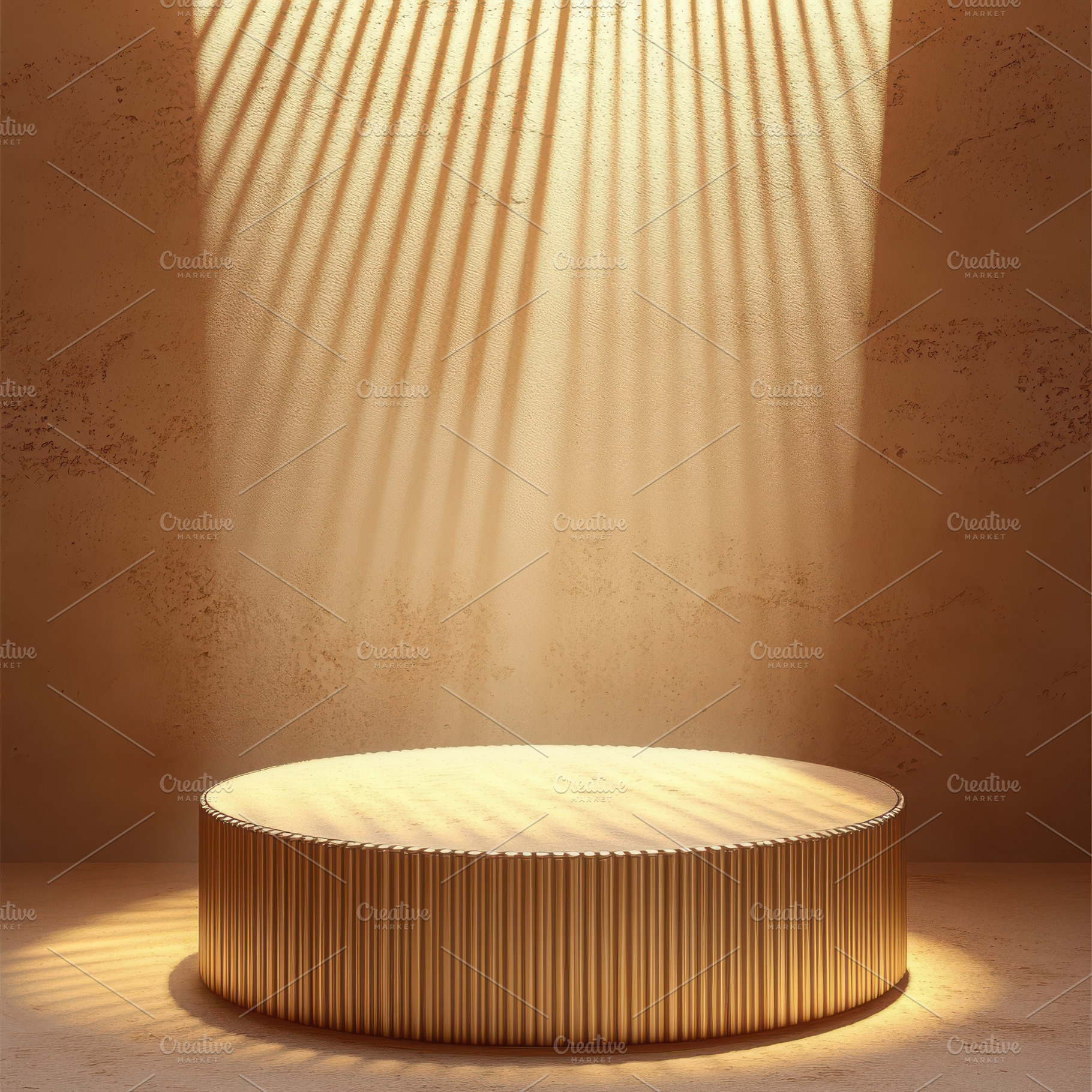 Golden pedestal in sunlit room minim, an Abstract Photo by Pixeness Studio