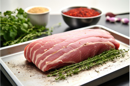 uncooked pork loin rubbed in herbs, a Food & Drink Photo by Sergey Kotenev