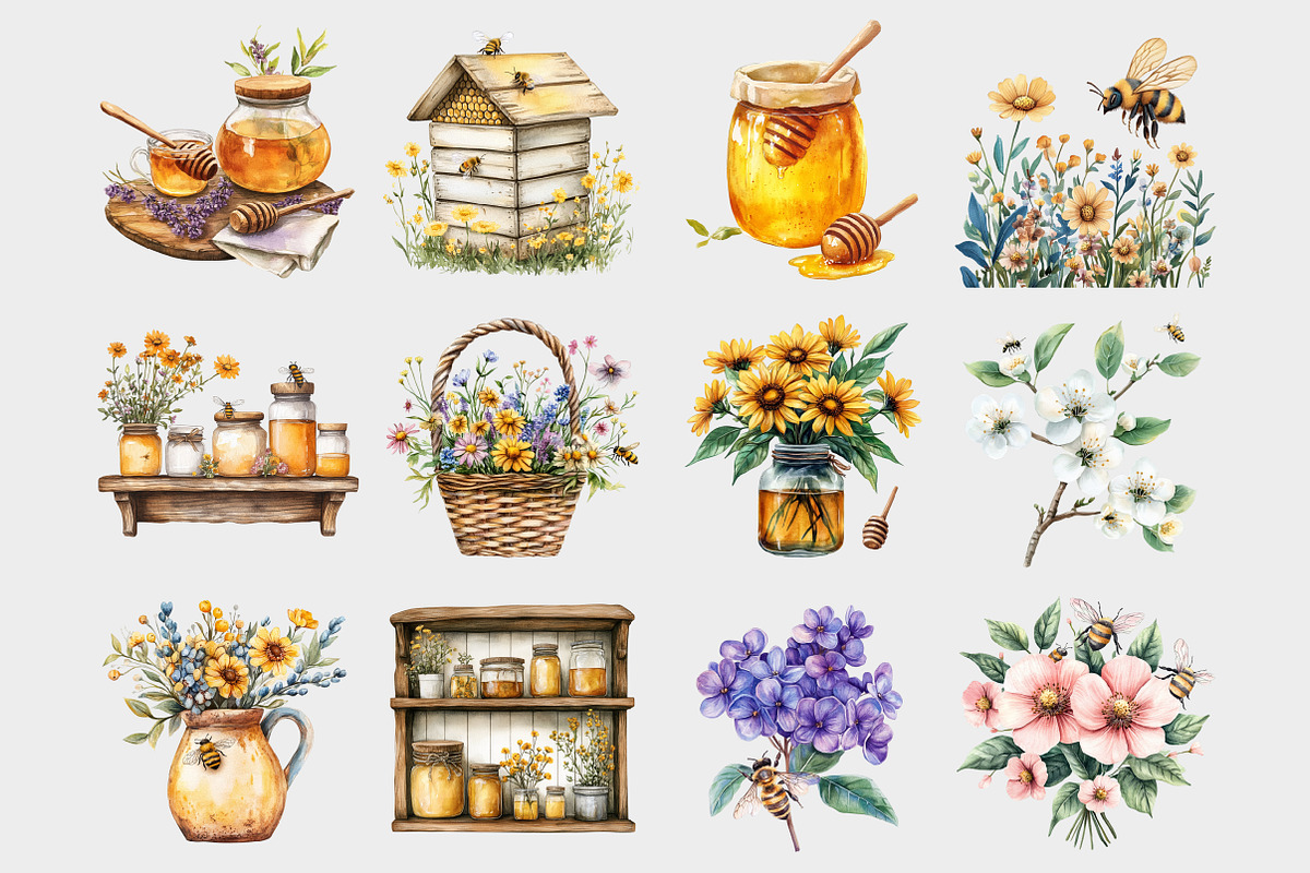 Watercolor Honey Bee Clipart, a Seasonal Illustration by Design Market (Photo 2 of 5)