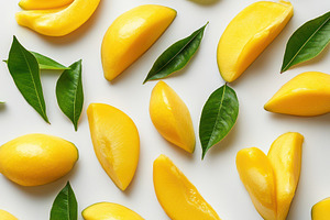 Fresh Mango Fruits slices, green lea, a Food & Drink Photo by Pixeness Studio
