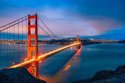Golden gate bridge at night containing golden gate, bridge, and night, an Architecture Photo by Nick Fox