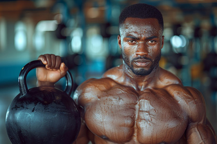 Muscular Man Training with Kettlebell in Home Gym, a Photo by AS photostudio