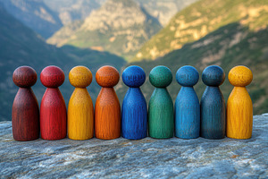 Colorful wooden figures arranged in, a Photo by Tanuart