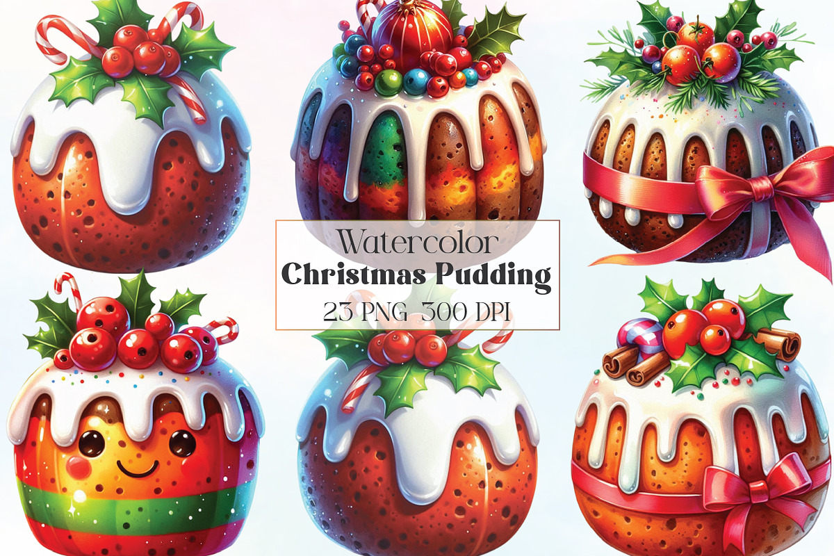 Watercolor Christmas Pudding Clipart, a Work Illustration by CraftArtStudio (Photo 1 of 6)