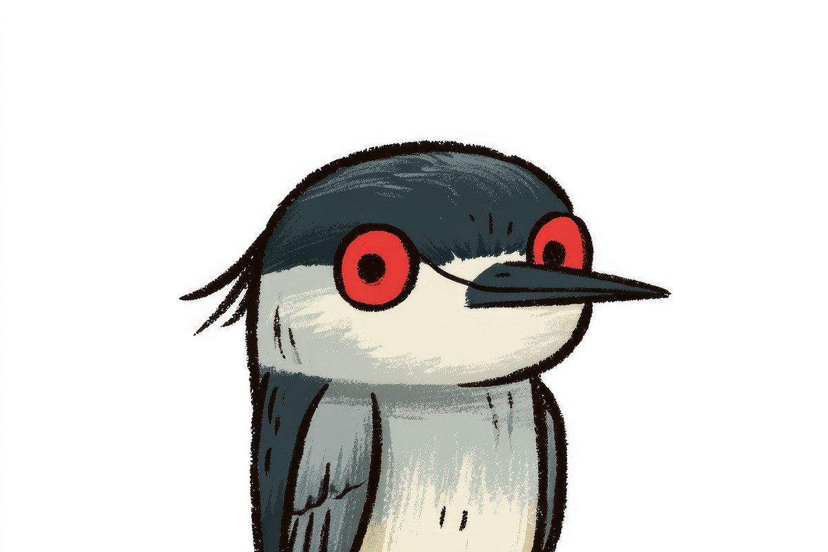 Cute black crowned night heron doodle illustration for children, an Animal Illustration by José Manuel Gelpi