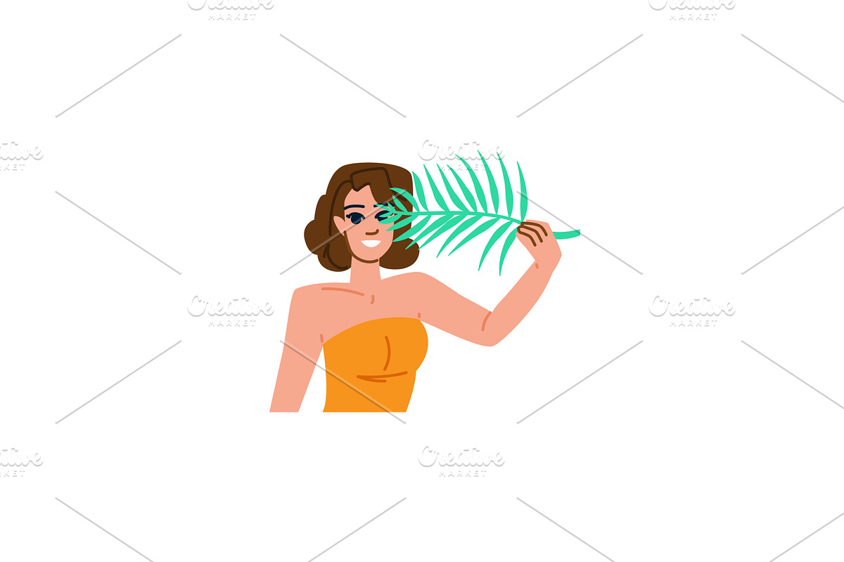 Young woman holding tropical leaf in, an Object Illustration by pikepicture