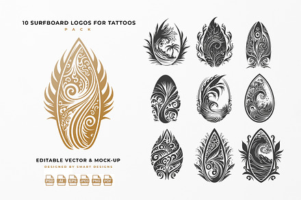 Surfboard Logos for Tattoos Pack x10, an Object Graphic by SmartDesigns