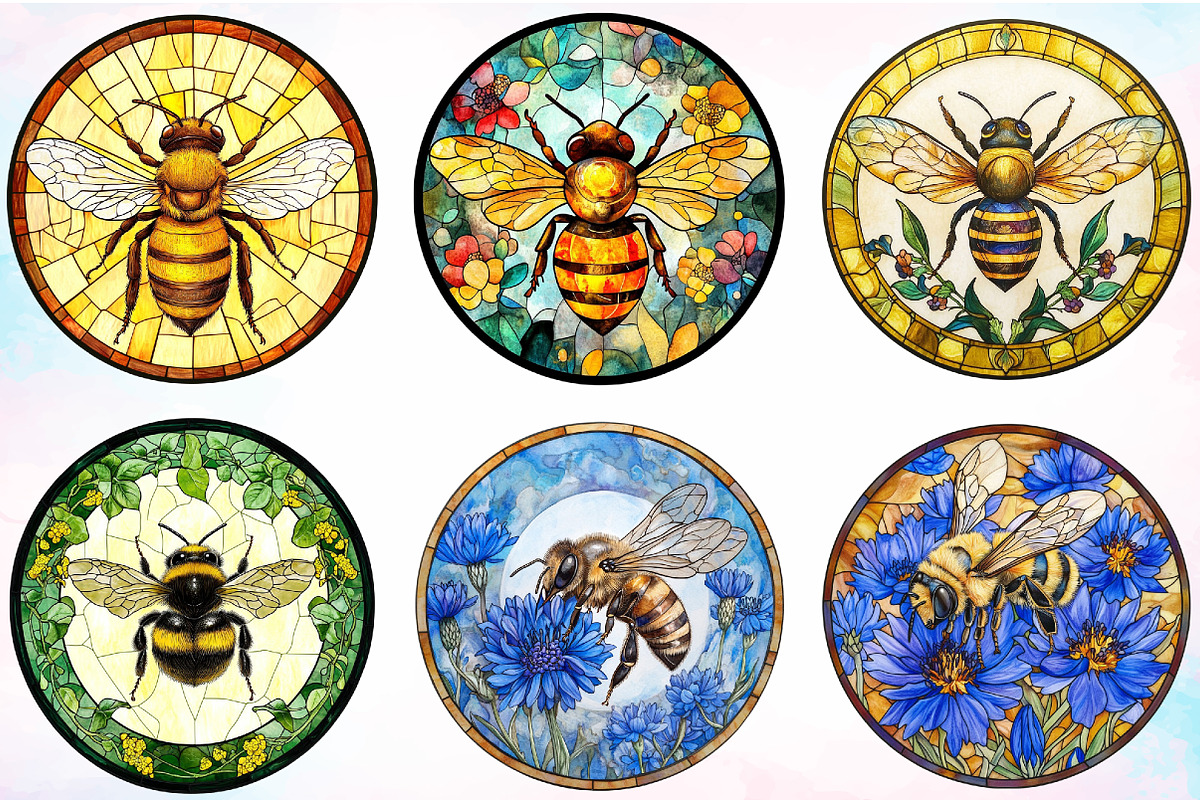 Bee with Flowers Round Stained Glass, an Illustration by Canvas Craft (Photo 4 of 4)