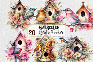 Watercolor Spring Bird Feeder Clipar
