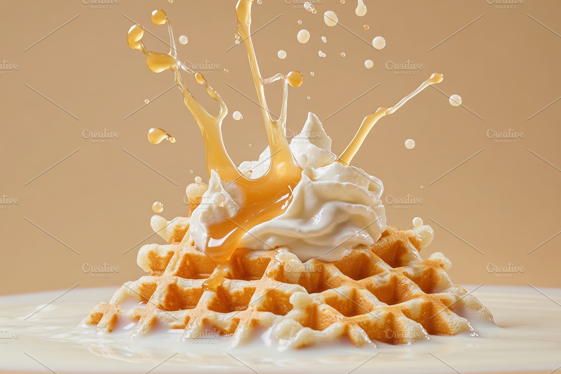 Belgian waffles falling in milk with caramel, a Food & Drink Photo by AlyaAnd