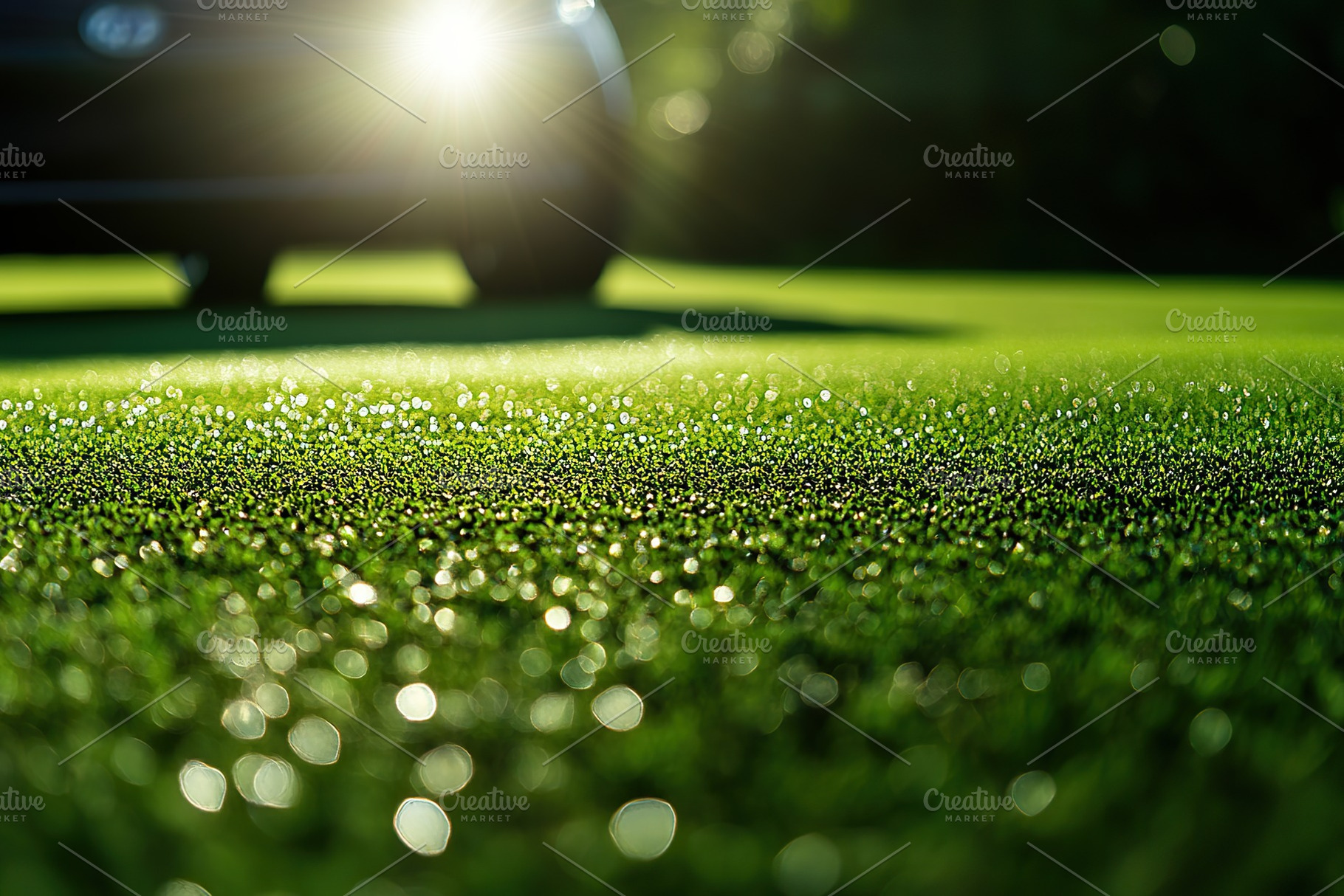 Green turf grass of golf course with golf cart, a Background Photo by AlyaAnd