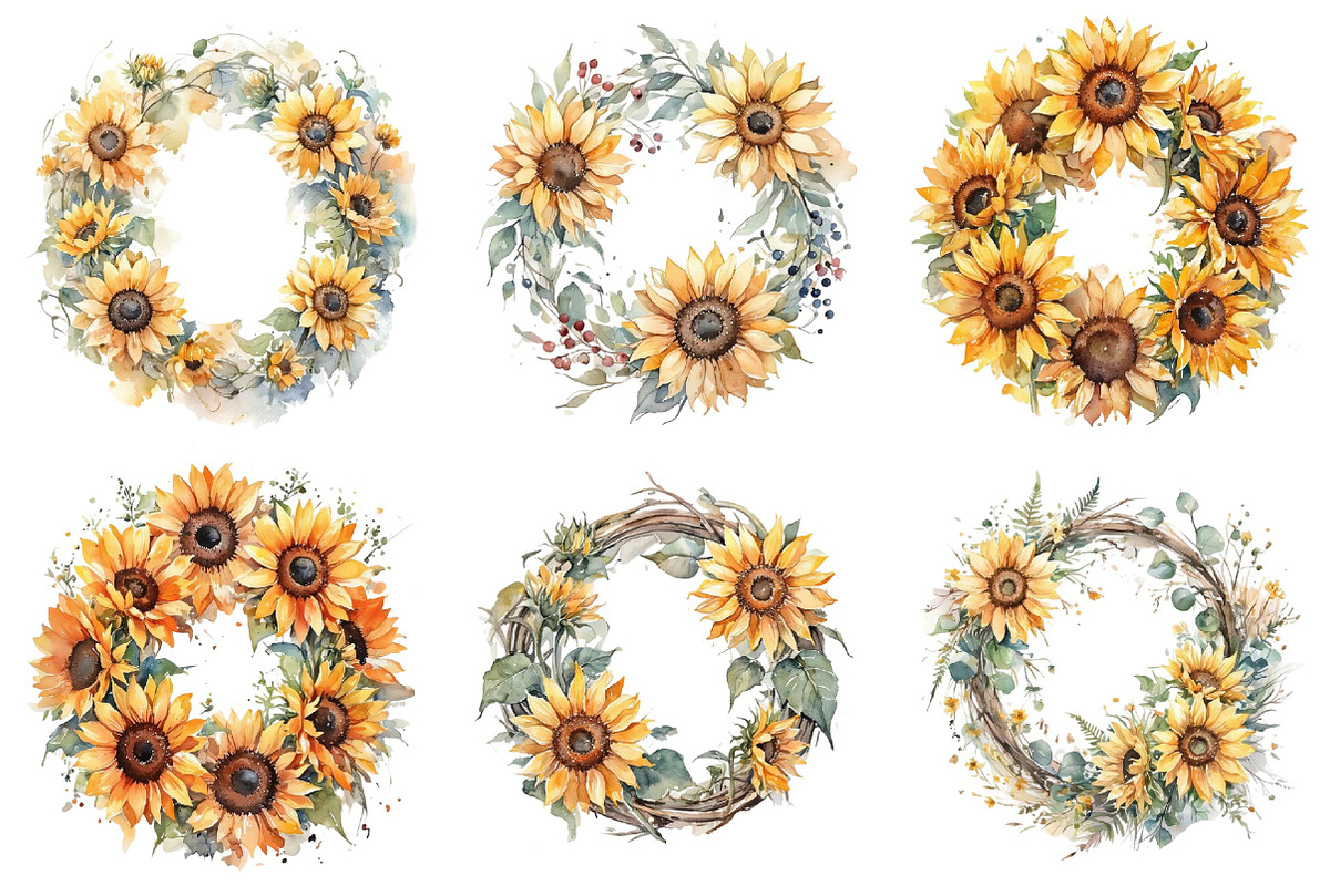 Watercolor Sunflower Wreath Clipart, an Illustration by DreamPrint404 (Photo 5 of 6)