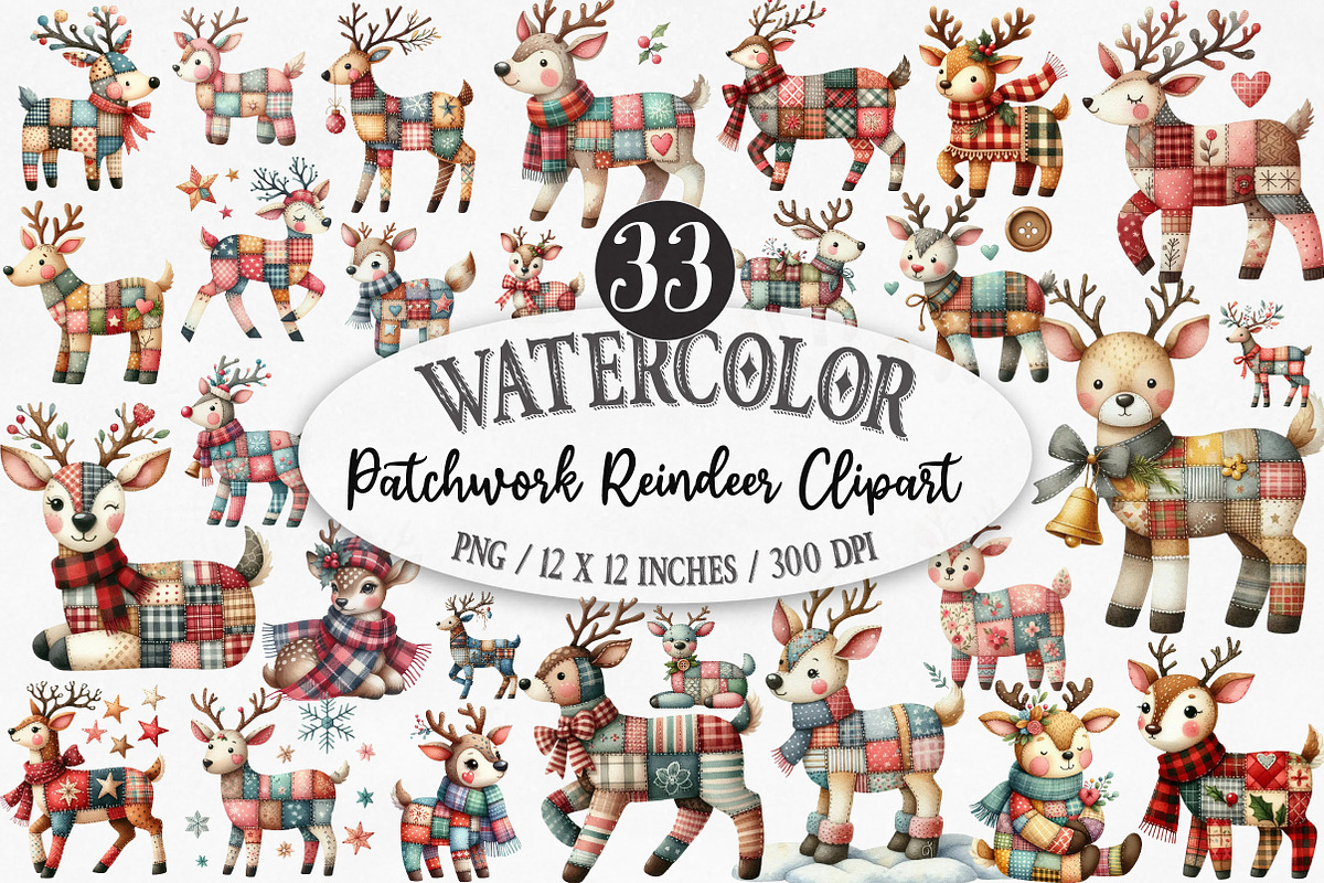 Whimsical Patchwork Reindeer Clipart, an Illustration by Designking (Photo 1 of 5)