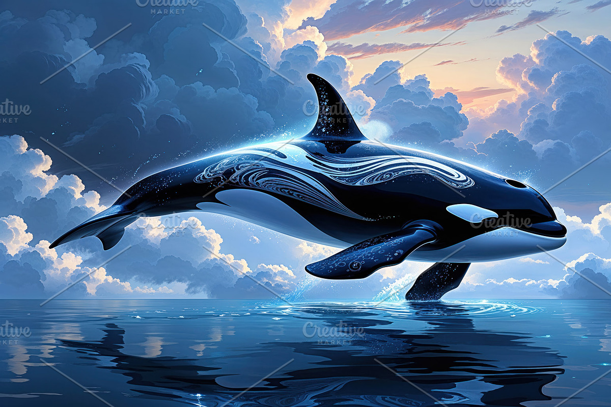 Gliding patterned killer whale, an Illustration by wavebreak