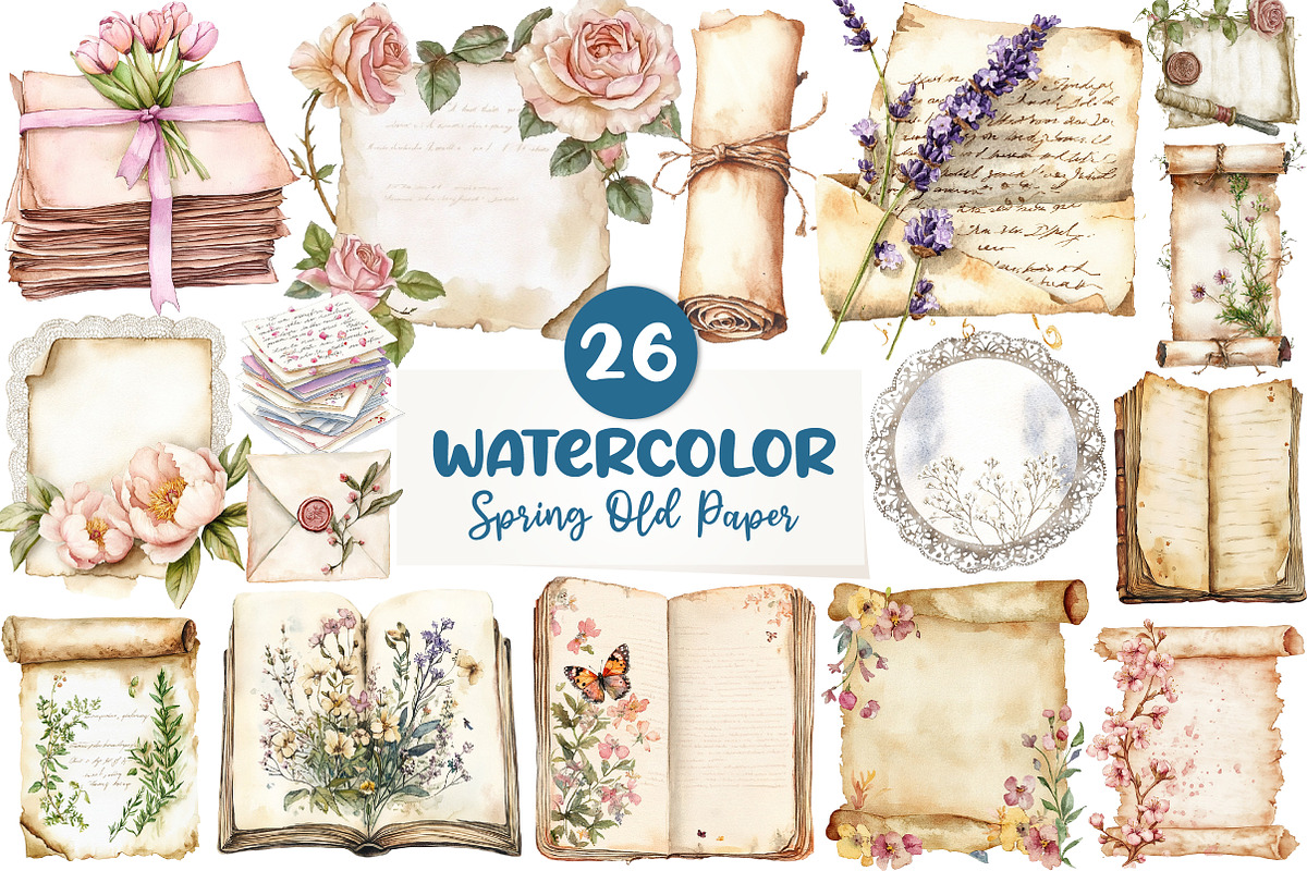 Watercolor Spring Old Paper Clipart, an Illustration by CreationArt (Photo 1 of 5)