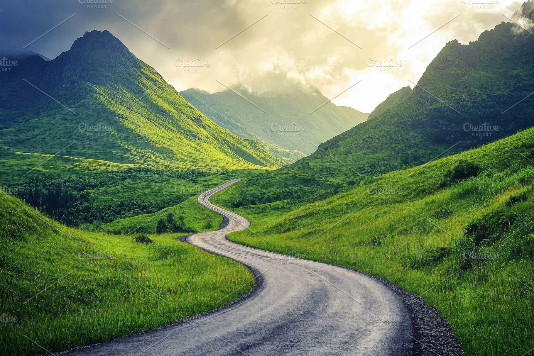 Winding road through lush green moun, a Photo by Iftikhar Alam