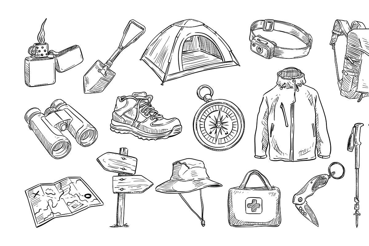 hiking equipment handdrawn, an Object Graphic by nikagraphic