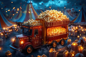 Colorful popcorn truck with a mounta, a Photo by Tanuart