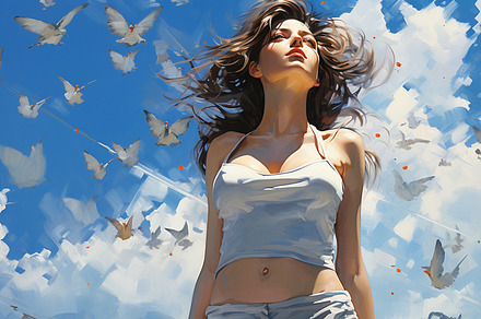 Beautiful young woman with flying ha, a Photo by LOGOCREATIVE