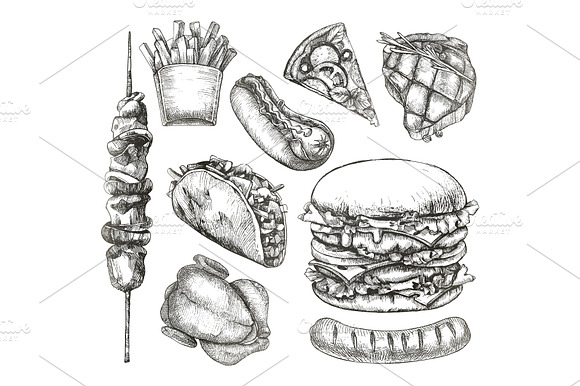 Fast Food Hand Drawing Vector Set